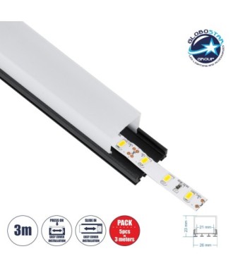 GLOBOSTAR® ALP-LINEAR GLOA 70849-3M Επιφανειακό & Κρεμαστό Προφίλ Αλουμινίου με Λευκό Γαλακτερό Πατητό Κάλυμμα για Ταινίες LED IP20 - Μαύρο & Λευκό - Μ300 x Π2.6 x Υ2.3cm - Πακέτο 5 Τεμαχίων